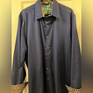Robert Graham, Mens 2XL, lightly worn,blue black with accent cuffs. 100% Cotton